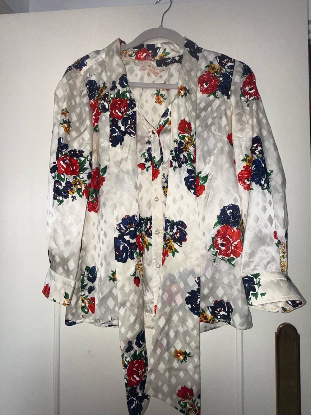 Tory Burch White Tie-Neck Blouse with Red & Navy Floral Print Size 0